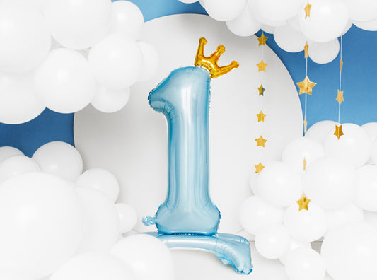Stehender metallisierter Folienballon – Ziffer "1" in Hellblau mit goldener Krone